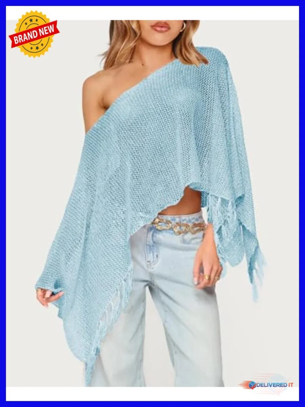 One Shoulder Sheer Knit Poncho Fringe Lightweight Summer Wrap Sweater